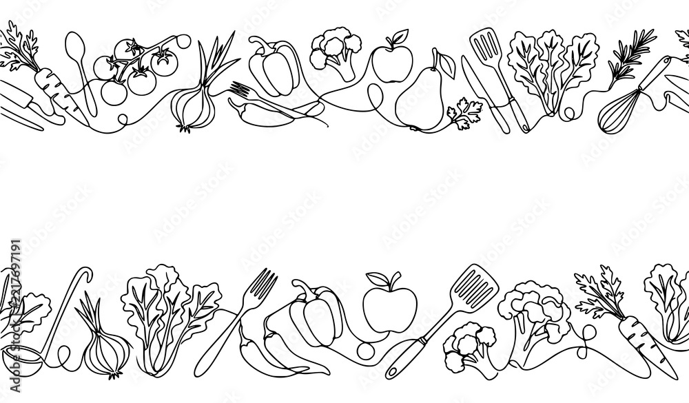Obraz premium Decorative botanical border design featuring hand drawn fruits, vegetables, leaves, flowers, and natural food elements