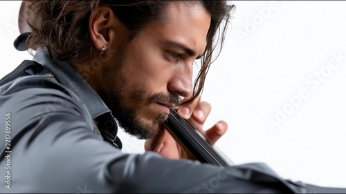 A bearded man in a vest plays the cello with intense focus against a white background.