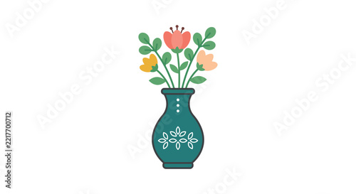 Floral arrangement in teal vase a flat vector illustration on white background