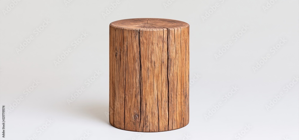 Fototapeta premium A textured rustic wooden post stands vertically on a simple neutral background, showcasing natural cracks and grain.
