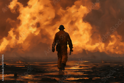 abstract art oilfield worker with fire flame in an emergency situation in background., under danger situation