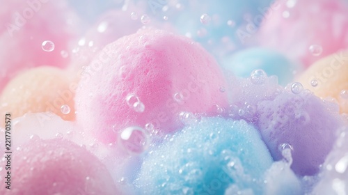 Macro close-up of colorful foam balls covered with delicate soap bubbles highlighting sensory textures, foam bath, and cosmetic concepts.