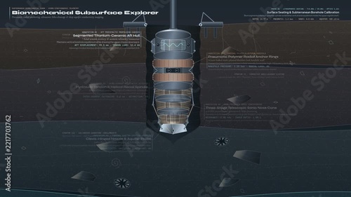 educational animation of a biomechanical subsurface explorer featuring pneumatic anchor rings, a hydraulic recoil spindle, and a telescopic sonic nose cone for subterranean aquifer probing