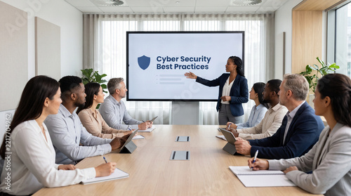 Employee receiving cyber security training during a corporate meeting  