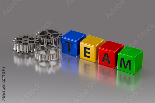 Team word and gears representing collaboration mechanism