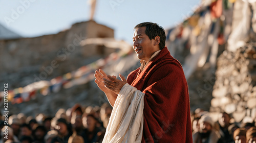 Tibetan bishop equivalent lama figure in saffron robes blessing gathered mountain community at remote monastery, prayer flags strung between ancient stone buildings fluttering in