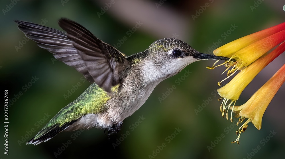 Fototapeta premium hummingbird. A hummingbird feeding from a flower, wings creating air vortices in slow motion. wildlife magazines, conservation campaigns, designed for wildlife conservation campaigns.