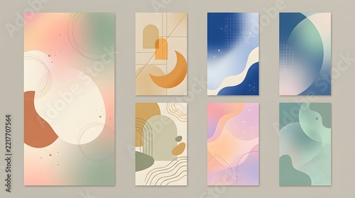 Collection of modern abstract vertical posters features geometric shapes and pastel colors.