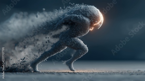 Energetic figure made of dust and light speeding across a vast, shadowy landscape at twilight