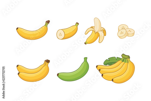 Banana Fruit Illustrations with Whole Cut Peeled and Green Bananas