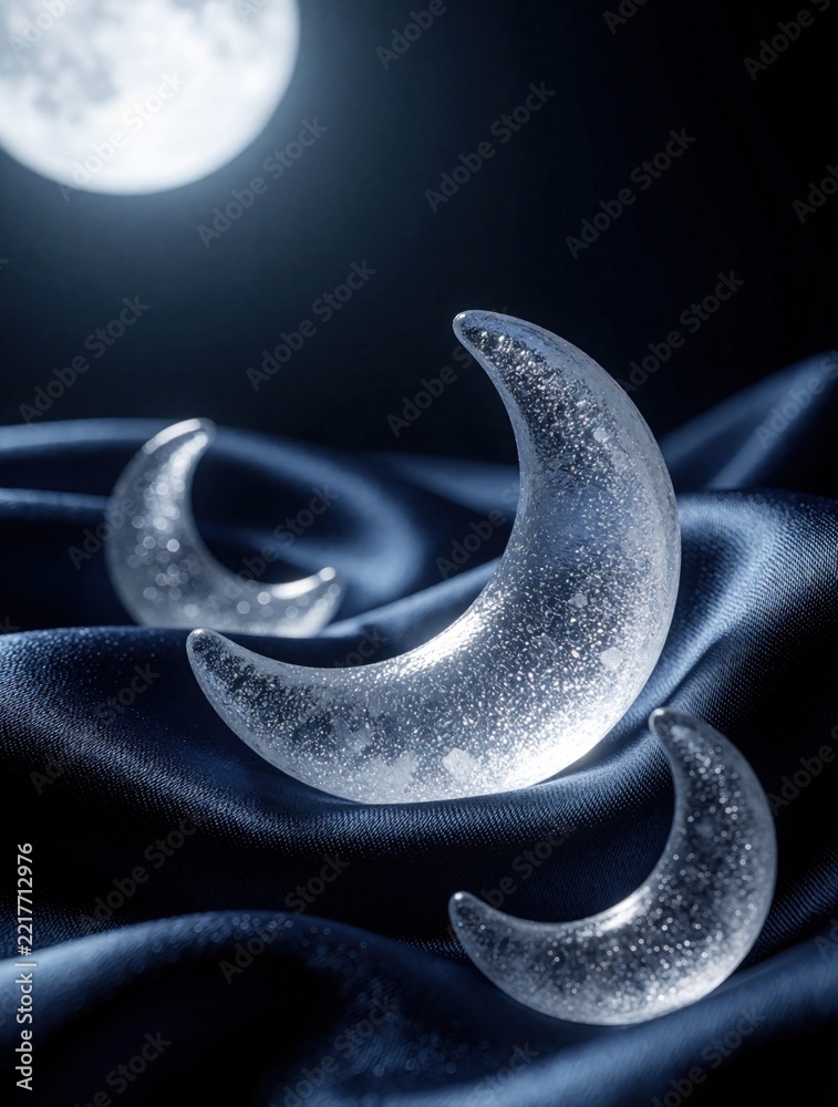 Fototapeta premium Three glass crescent moons rest on dark blue satin fabric. Glittery moon shapes glow under soft light. Dreamy night background with moonlight, cosmic textures. Elegant luxury textile surface provides