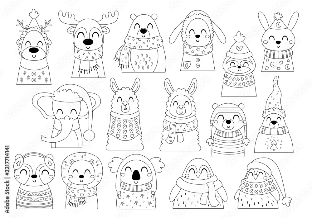 Fototapeta premium Winter animals coloring book, Christmas animals coloring page, Cute woodland animals digital stamps set, Holiday animal outline doodle, Xmas line art.