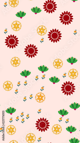Stylized floral pattern with red, yellow, and green flowers