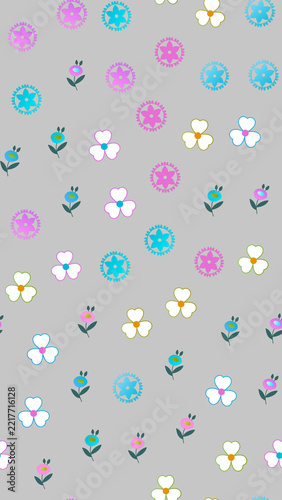 Stylized floral pattern with pink, blue, and white flowers