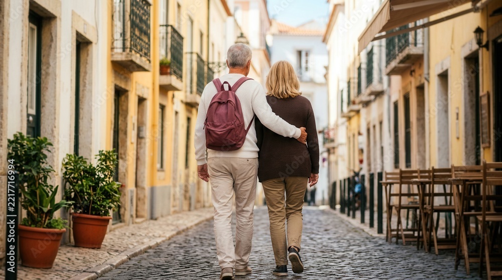 Fototapeta premium Senior couple hugging and walking together on a narrow Lisbon street, back view.