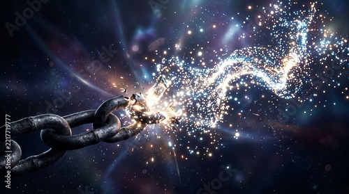 Heavy metal chain snapping with glowing bright sparks and magic light particles floating across a dark cosmic background