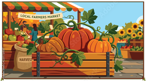 Fresh Organic Pumpkins in a Rustic Crate at a Farmers Market