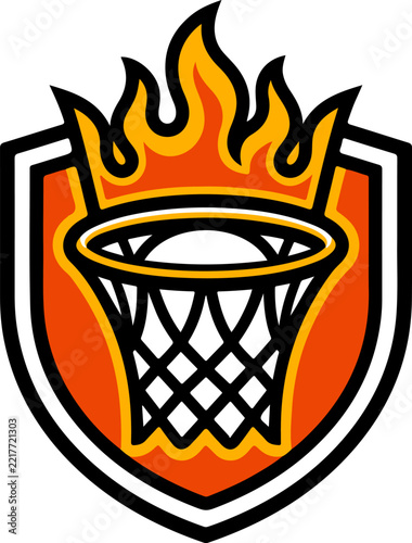 Flaming Basketball Hoop Shield Emblem Sports Logo Vector