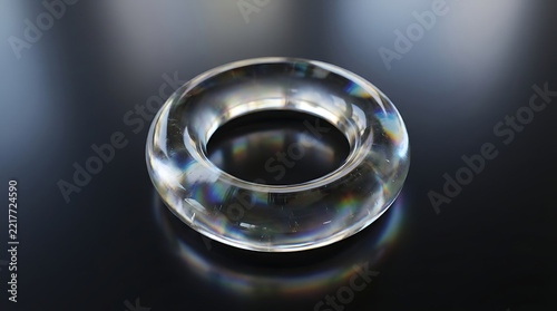 Clear glass torus on dark reflective surface