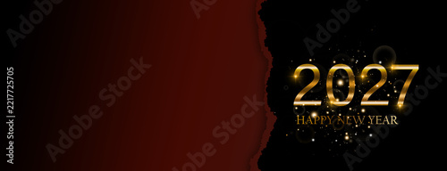 2027 Happy New Year Gold Text with Glowing Particles on Dark Background for Festive Holiday Greeting