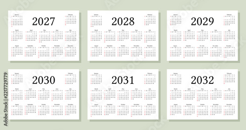 2027, 2028, 2029, 2030, 2031, 2032 calendars. Calender templates. Week starts Sunday. Desk planer grids for year. Planner layout with 12 months. Yearly pocket diary in English. Vector illustration