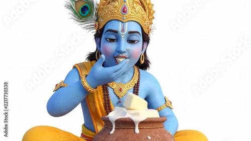 Little lord krishna eating butter from earthen pot, 3D animation of hindu deity, janmashtami celebration concept, isolated on white background