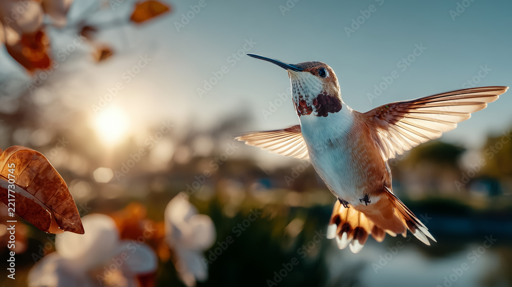 Fototapeta premium Hummingbird hovering with spread wings beside orange garden leaves