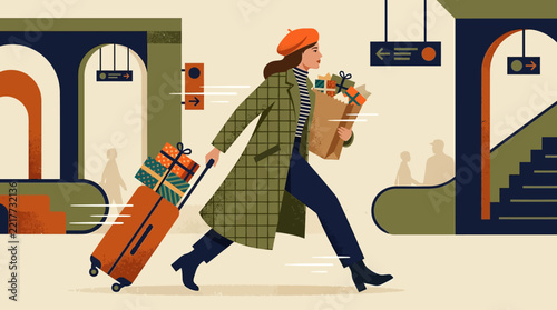 Female traveler with rolling suitcase navigating a busy urban train platform at a station.