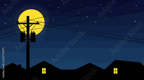 Nighttime suburban landscape with full moon, power lines, and silhouetted rooftops under a starry sky.