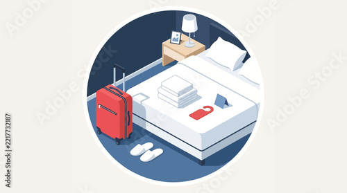 Cozy hotel bedroom with luggage, slippers, and travel essentials.