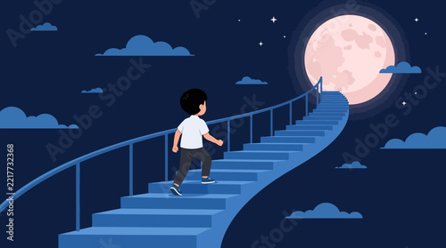 Young man ascends a glowing blue staircase into the night sky toward the full moon.