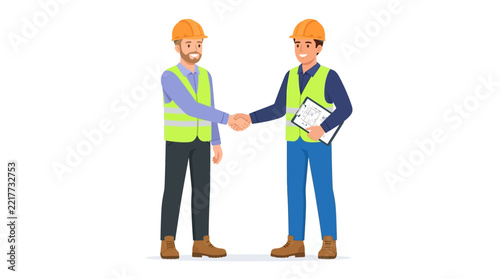 Two construction workers in safety gear shake hands on a building site with blueprints.