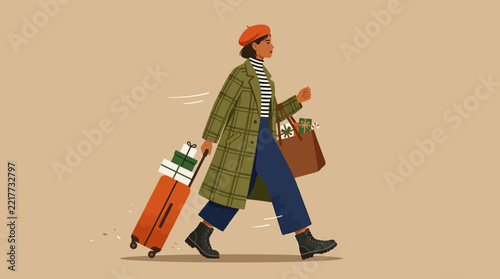 Stylish traveler walking with luggage and shopping bags across an urban street scene during travel.
