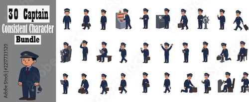 Consistent cartoon captain character bundle for presentations and editorial illustrations, Ship captain Character, Captain Icon Set, 