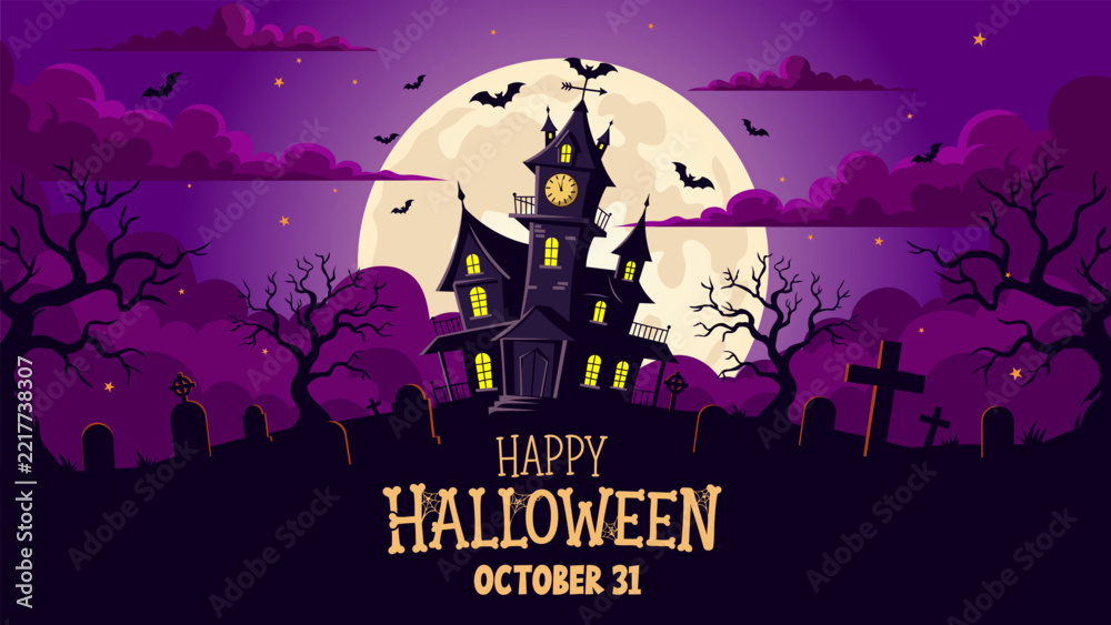 Naklejka premium Happy Halloween Scene - Spooky Haunted House Graveyard with Full Moon and Bats on Purple Night Sky Background