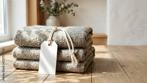 Stack of folded gray textured blankets with blank white paper price tag on wooden floor in sunlit interior, cozy home decor textile concept for sustainable retail boutique and brand mockup.