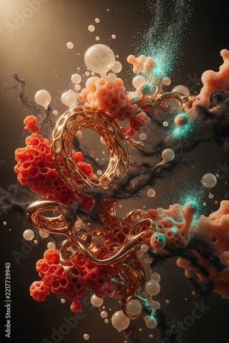Abstract Microscopic Coral Organism with Metallic Copper Rings and Floating Liquid Bubbles
