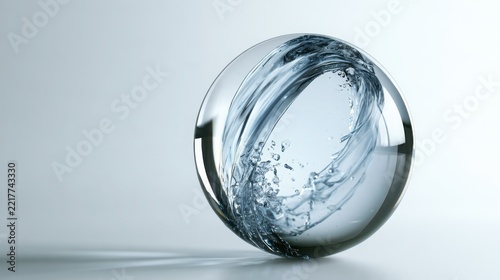 A clear glass sphere contains swirling water with dynamic splashes and bubbles against a soft gradient background, representing purity and motion.