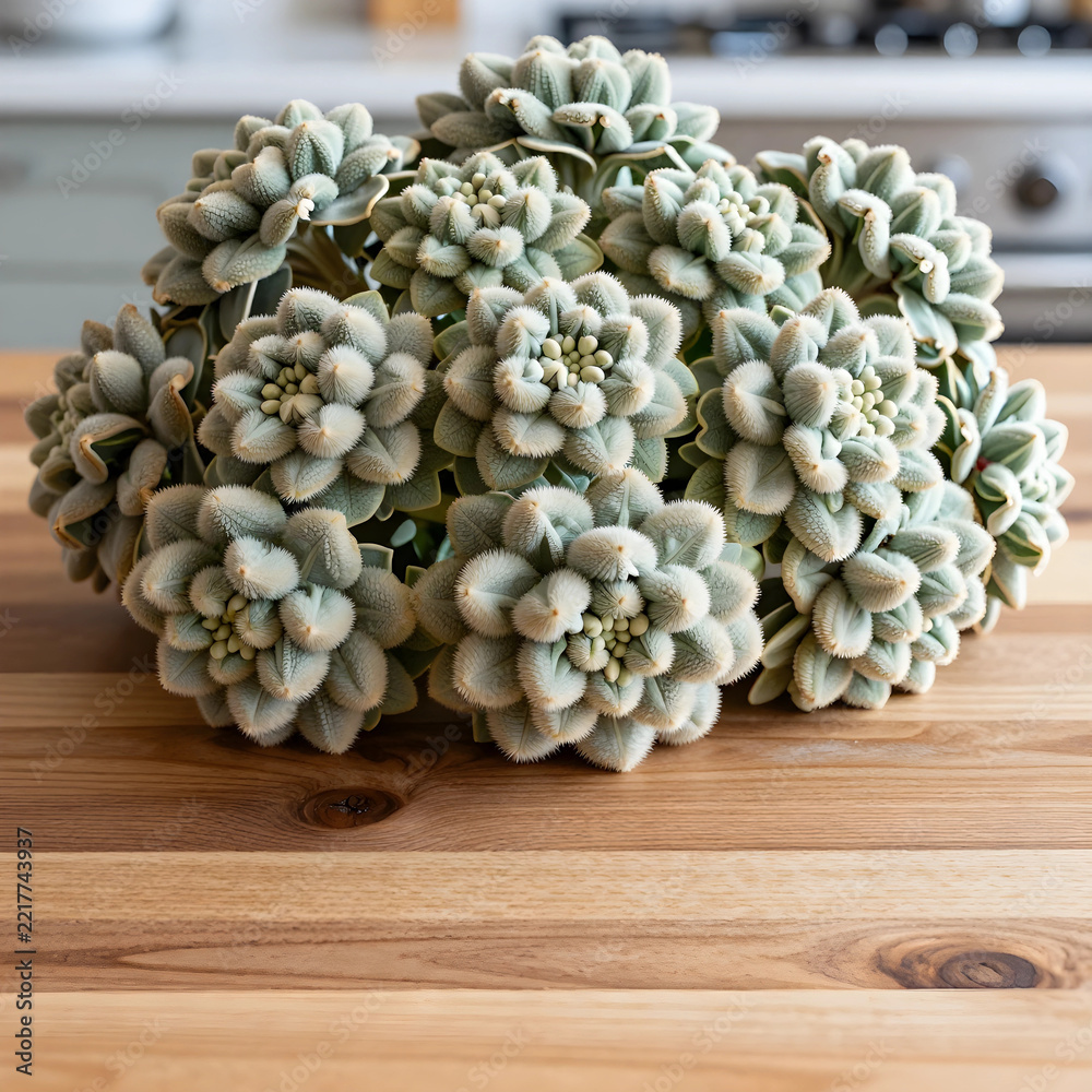 Naklejka premium Biophilic design and home decor, fuzzy succulent plant on a wooden kitchen table for interior styling and natural wellness in a modern living space