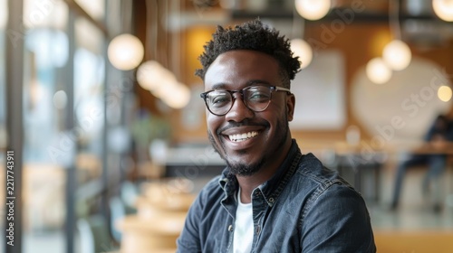 Smiling Black man with glasses and a casual shirt sits in a bright, modern co-working space with a blurred background.