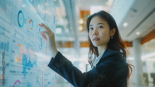 Young Asian businesswoman interacts with a large digital display showcasing financial charts and data analytics in a modern office setting.