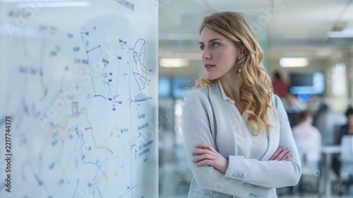 A determined woman in a light blazer looks at a large map displayed on a wall in a bright office.