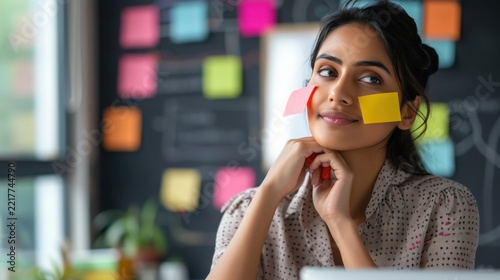 A young woman with sticky notes on her face smiles playfully in front of a colorful wall covered with notes and drawings, suggesting creativity and project planning.