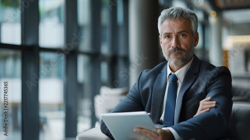 A serious older man with a beard and graying hair in a suit sits with arms crossed, holding a tablet in front of a window.