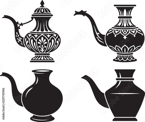 Vintage Arabic coffee pot icons, set of 4 traditional dallah silhouettes, ornate Middle Eastern teapot vector illustrations, black ethnic vessel graphics