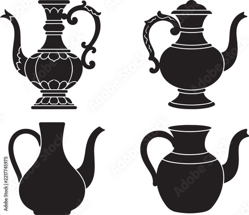 Vintage oriental teapot silhouettes set, traditional arabic coffee pot icons, antique middle eastern pitcher vector collection