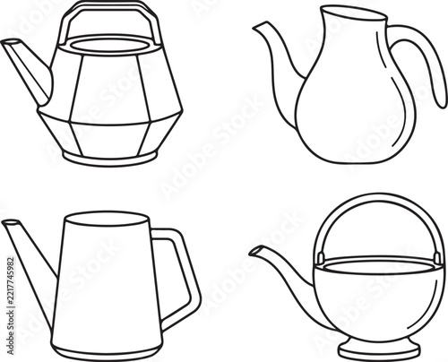 Minimalist teapot line art collection, set of 4 modern kettle icons, black and white kitchenware vector illustrations for branding and menu design