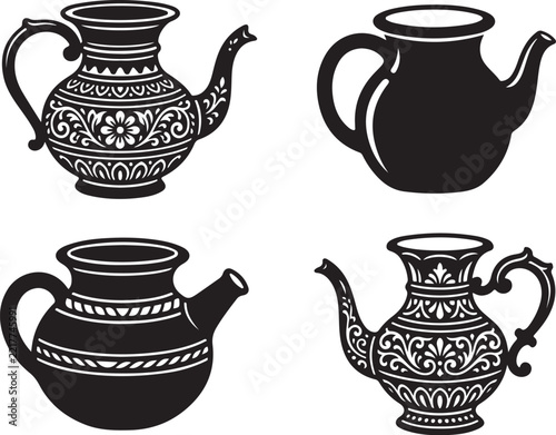 Vintage teapot vector set, ornate black and white kettle silhouettes, 4 decorative tea pot icons with floral patterns and ethnic motifs