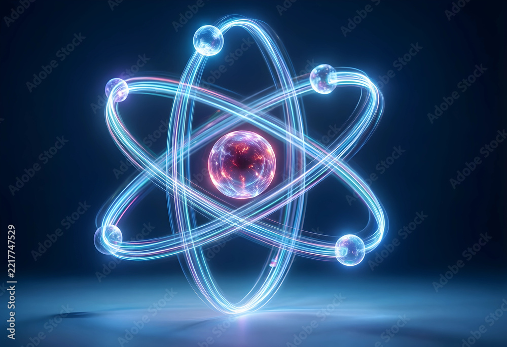 Fototapeta premium Quantum physics and atomic energy, glowing atom model with orbiting electrons and nucleus for scientific research and advanced technology innovation