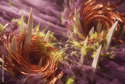 Abstract Futuristic Copper Vortex with Sharp Spikes and Yellow Web Connections